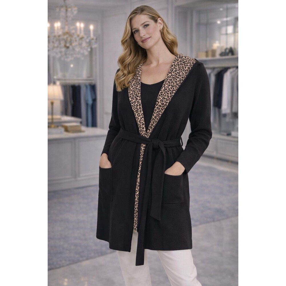 HALSTON‎ New Hooded Coverall Sweater Cardigan MEDIUM Leopard Print Lining Tie